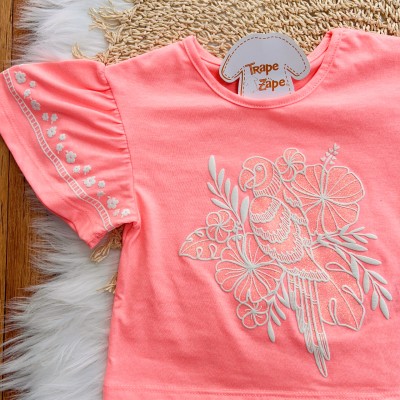 Conj. Blusa Arara e Short Colorido - Rosa Neon